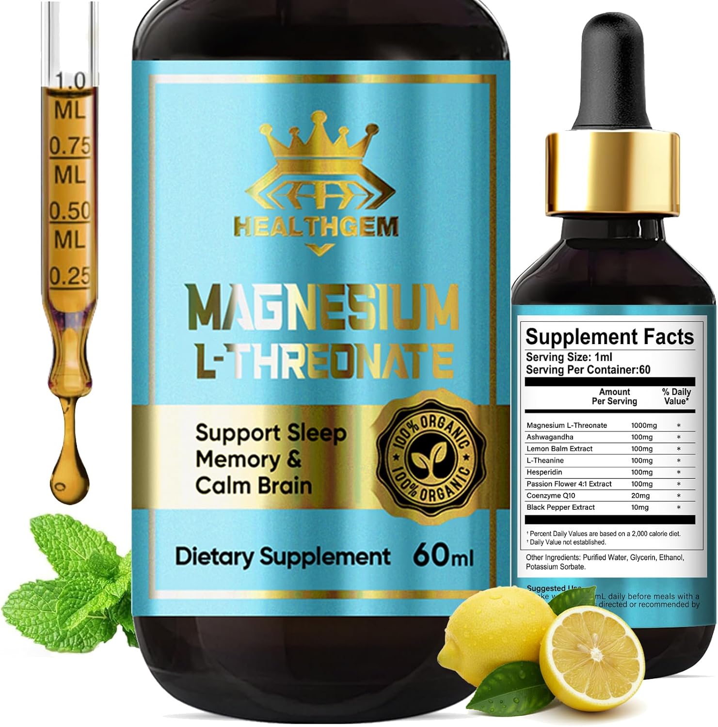Magnesium L-Threonate Drop, Liquid Supplement w. Apigenin, Theanine, Lemon Balm for Sleep & Memory, Supports Cognitive Function & Balanced Mood, High Absorption