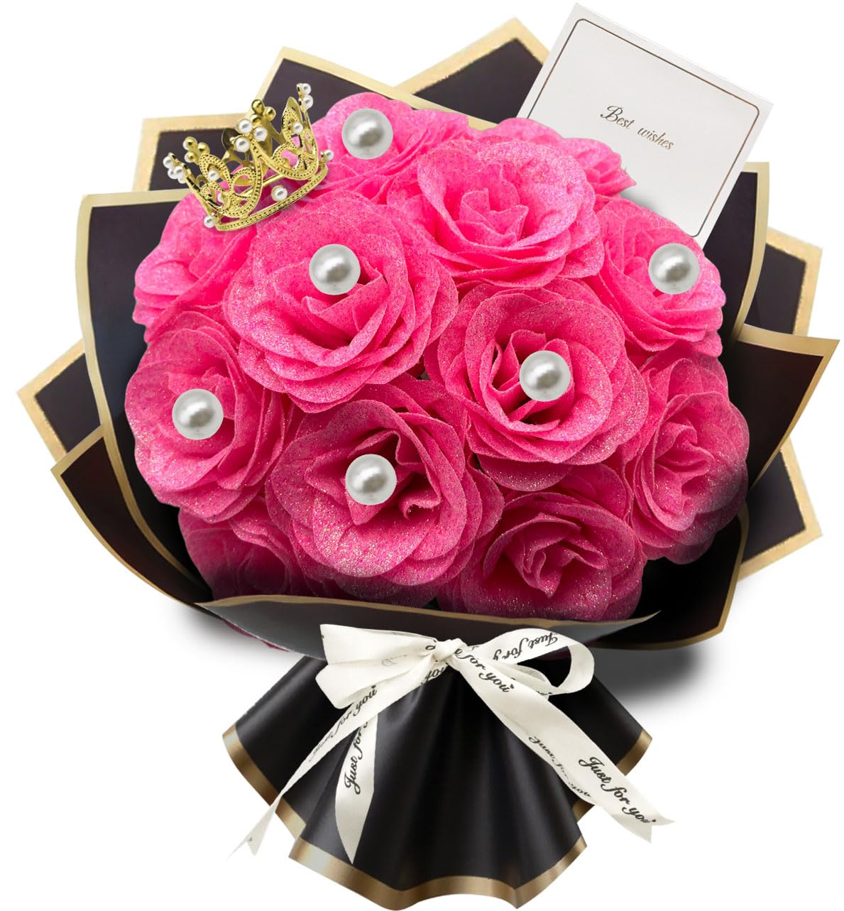 12pcs Glitter Roses Bouquet,DIY Artificial Flower Bouquet Kit with Fake 6pcs pearls flower wrapping papers,Stems Cards for Gifts Valentine's Day, anniversary,birthday,wedding,graduations (12, Pink B)