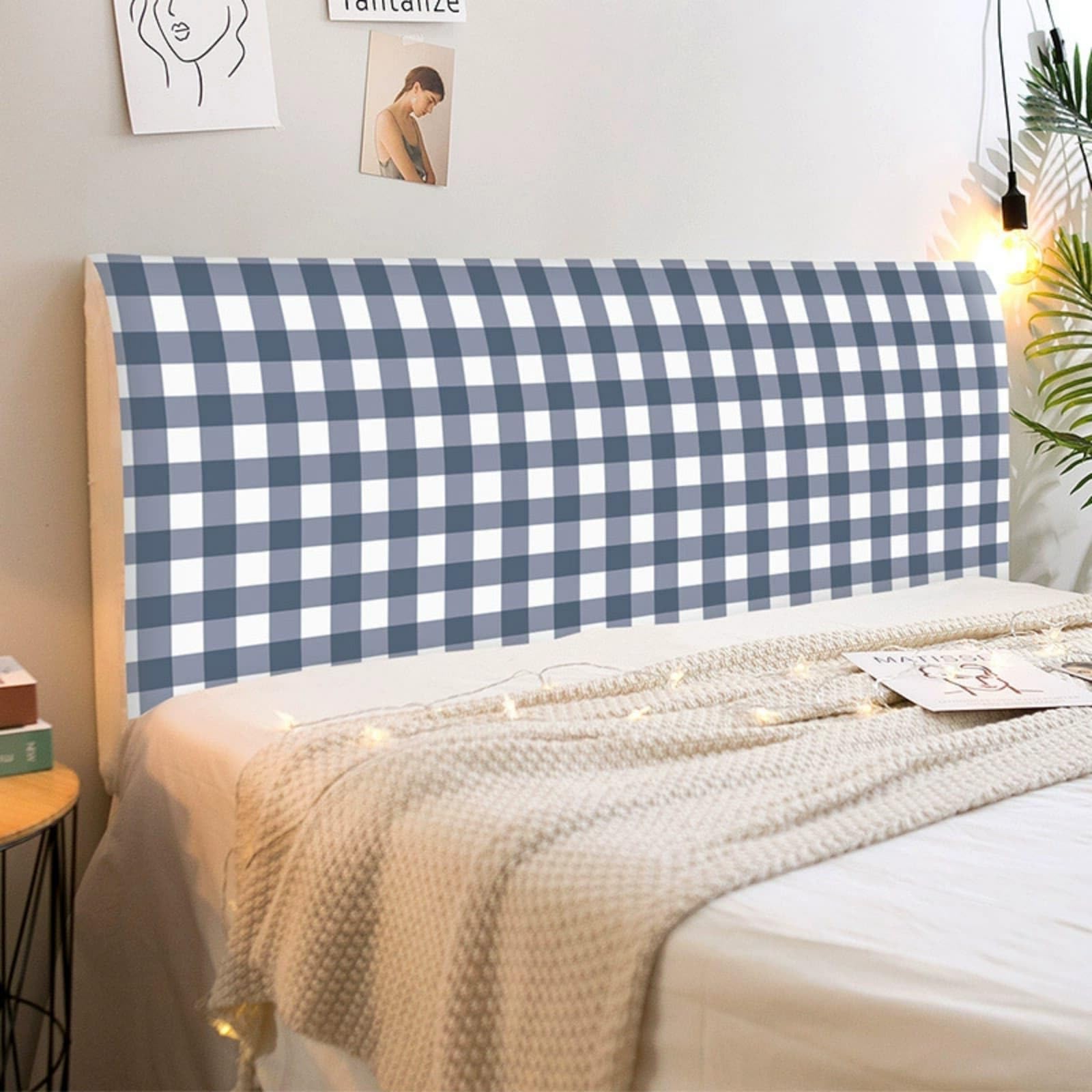 Mateju Bed Headboard Cover, Bed Headboardcover Stretch Headboard Covers Dustproof Modern Elastic Universal 120-220cm Plaid Gingham Style Head Board Slipcover All-Inclusive (Dark Blue,160cm)