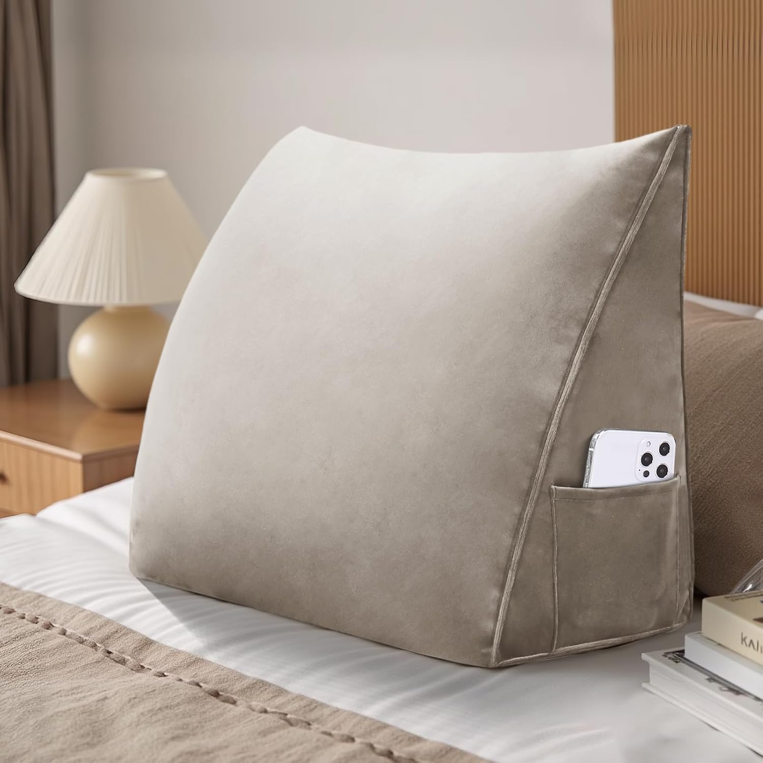 Wedge Headboard Reading Pillow for Bed Velvet Triangular Backrest Bolster Pillow for Sitting Up Daybed Cushion Lumbar Body Support Positioning for Headboard, Couch, Dorm, Camel