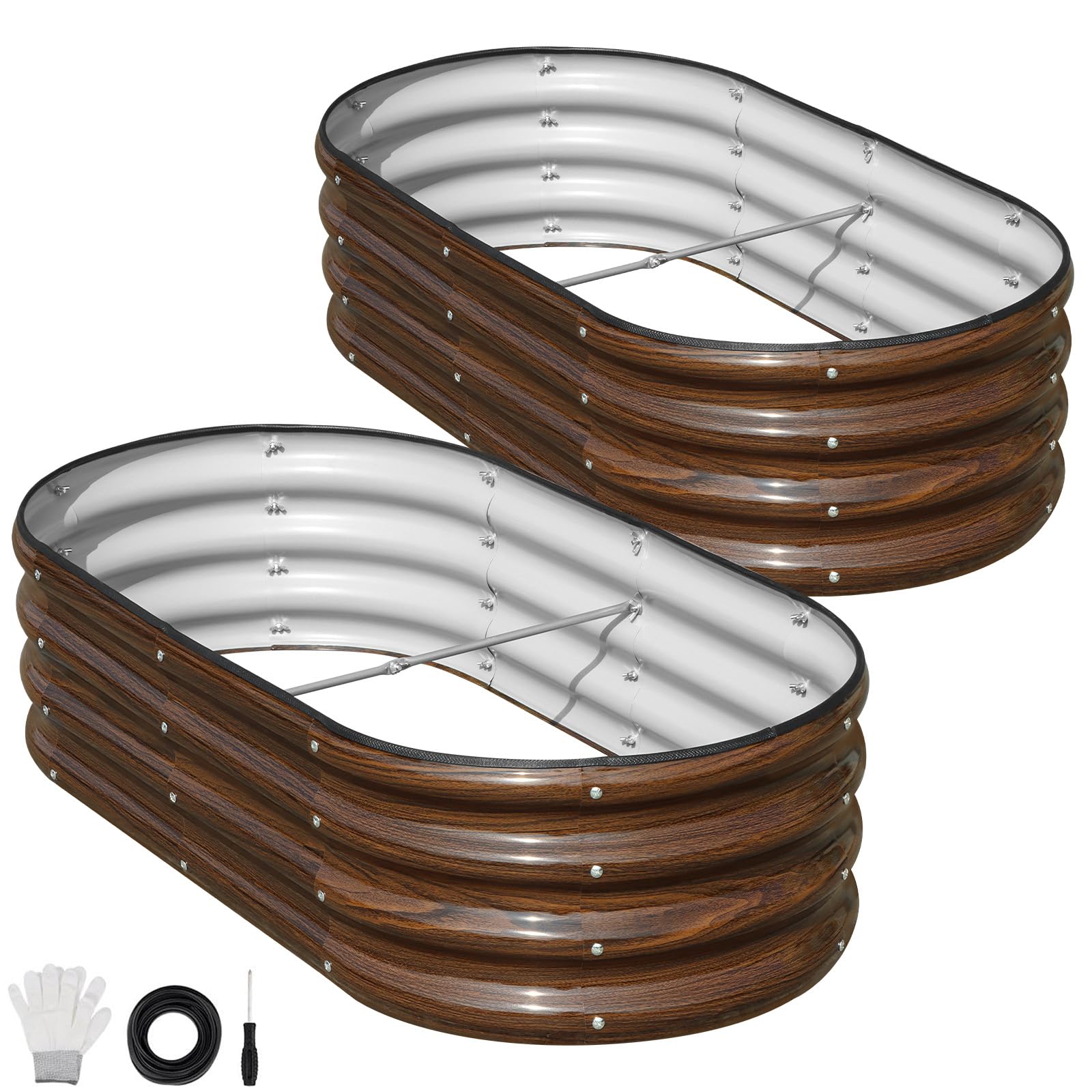 SnugNiture Steel Raised Garden Bed, 2-Pcs 4x2x1ft (120×60×30cm) Large Oval Metal Planter for Outdoor Vegetables, Flowers and Herbs, Wood Grain，brown