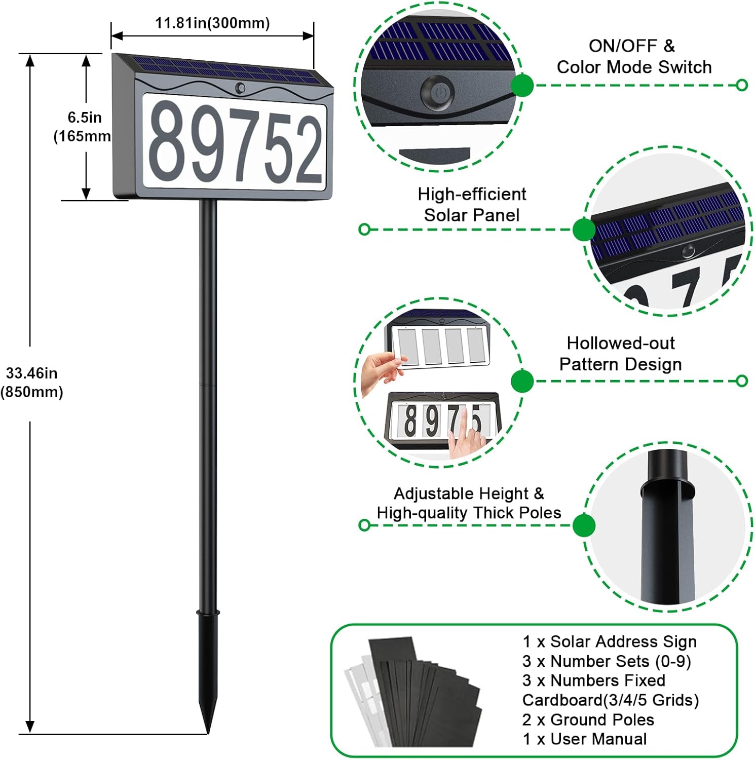 8 Lighting Modes Solar House Numbers for Outside Light Up, Smart Auto ON/OFF Solar Powered Address Sign, LED Illuminated Address Plaque Waterproof for for Yard, Home, Garden, Lawn and Street