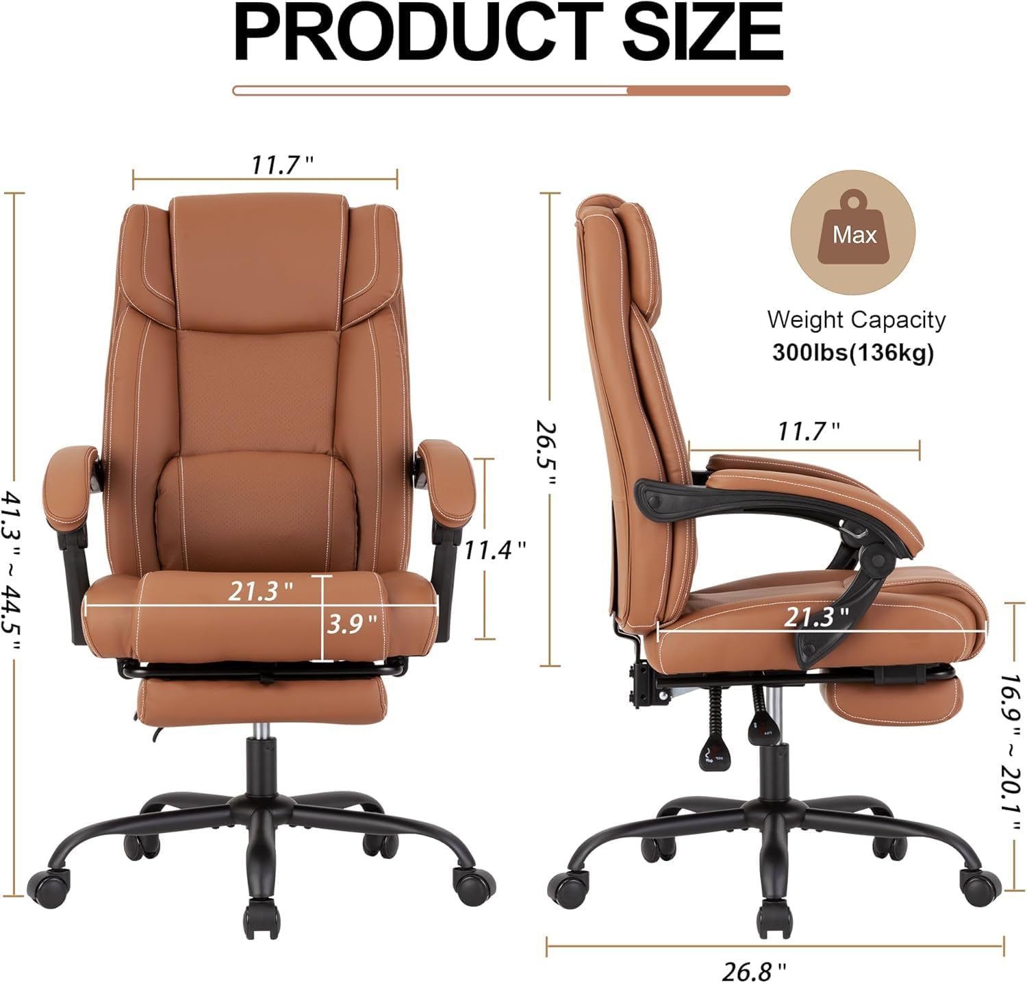 Reclining Office Chair with Footrest,Ergonomic Home Office Desk Computer Chair with Lumbar Support,Thick Executive Leather Chair,90-155° Adjustable (Brown)