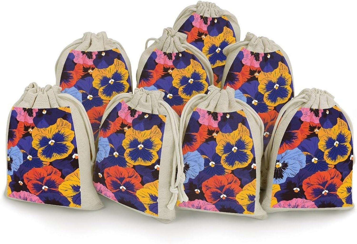 FekiLoot Colorful Flower Pattern Cotton Linen Drawstring Bags Pack of 8