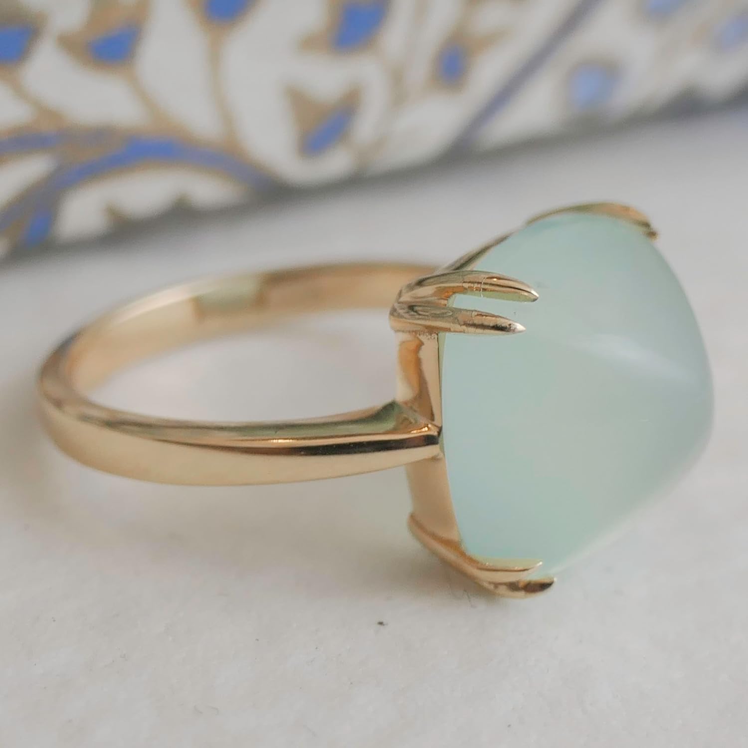 Aqua Chalcedony Sugar Loaf Ring 12x12mm – 925 Solid Sterling Silver with 3 Micron Gold Plating – Natural Gemstone, Scandinavian Handmade Fine Jewelry for Women - Image 7