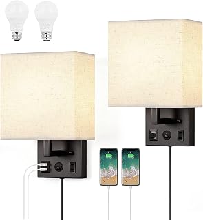 HAITRAL Wall Sconces Plug in with Bulbs - Wall Lamps for Bedroom with USB and Outlet,Sconces Wall Decor Set of 2 with Switch and Bulb Wall Light Fixtures for Living Room,Bedroom(Include Bulbs)-Black