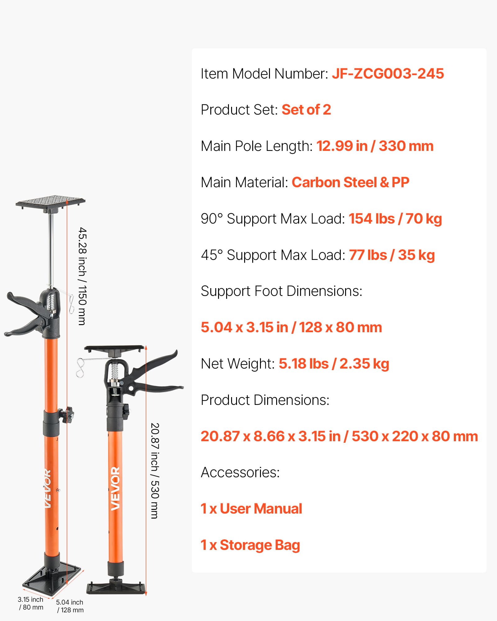 VEVOR Asta di Supporto, Confezione da 2, Telescopica Rapida in Acciaio da 53-115 cm, Sistema Regolabile a 3 Mani, Capacità Fino a 70 kg, per Martinetto per Armadietti, Barre di Carico