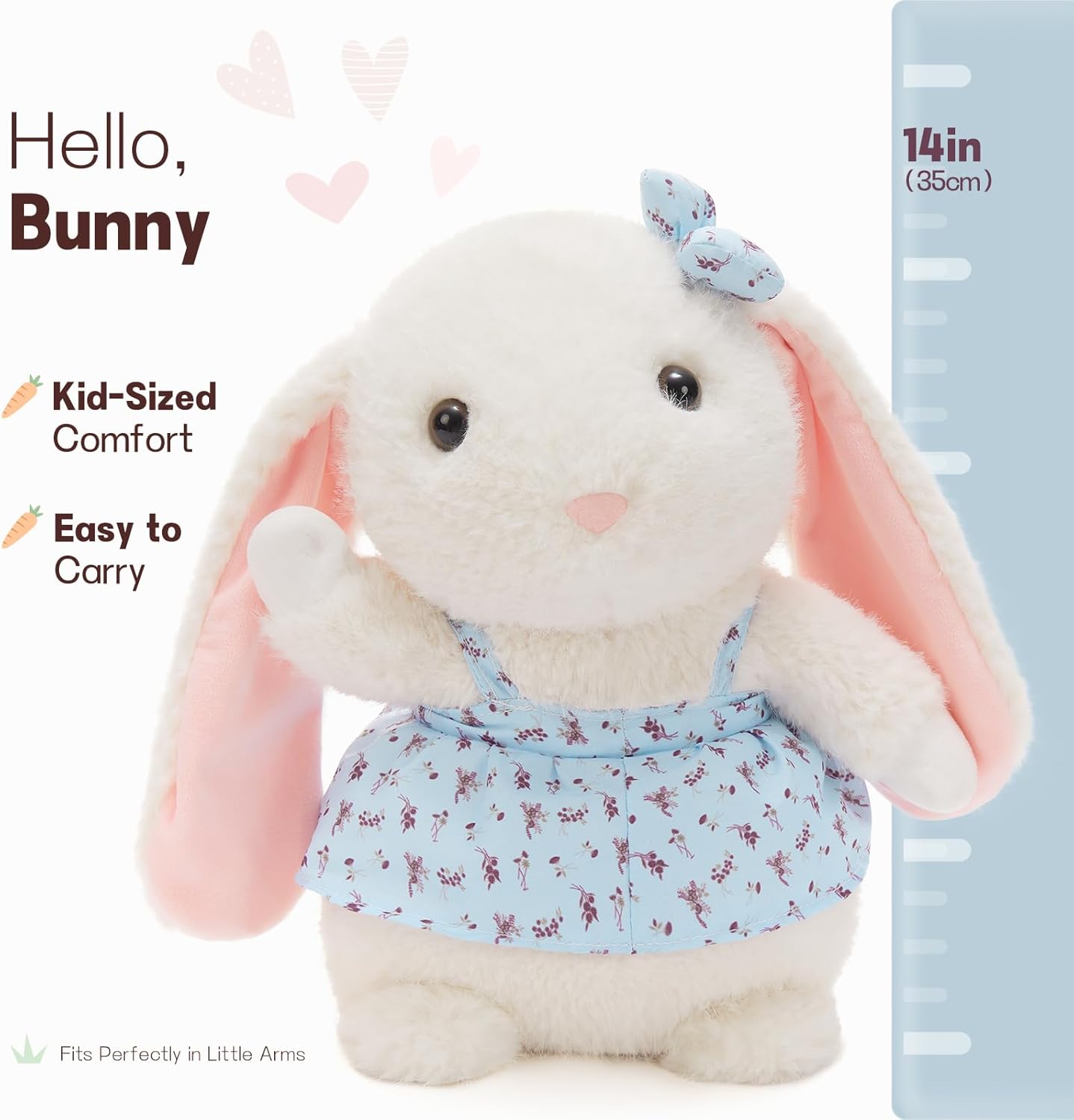 MorisMos Cute Bunny Plush, 14 Inch Soft Stuffed Rabbit with Floral Dress & Bow, Soft Cuddly Bunny Gift for Toddler, Kids, Baby Shower