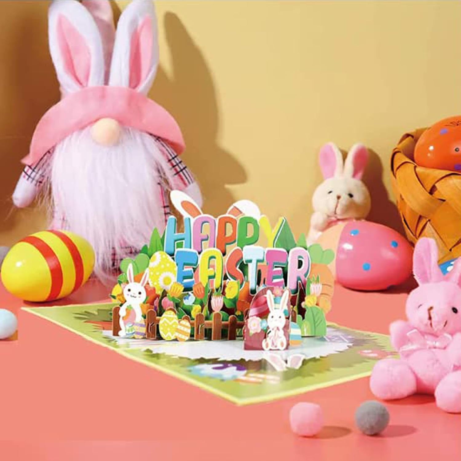 Happy Easter Pop Up Card, 3D Greeting Card with Bunny, Eggs and Flowers, Cute Easter Rabbit Card with Envelope for Kids, Family and Friends