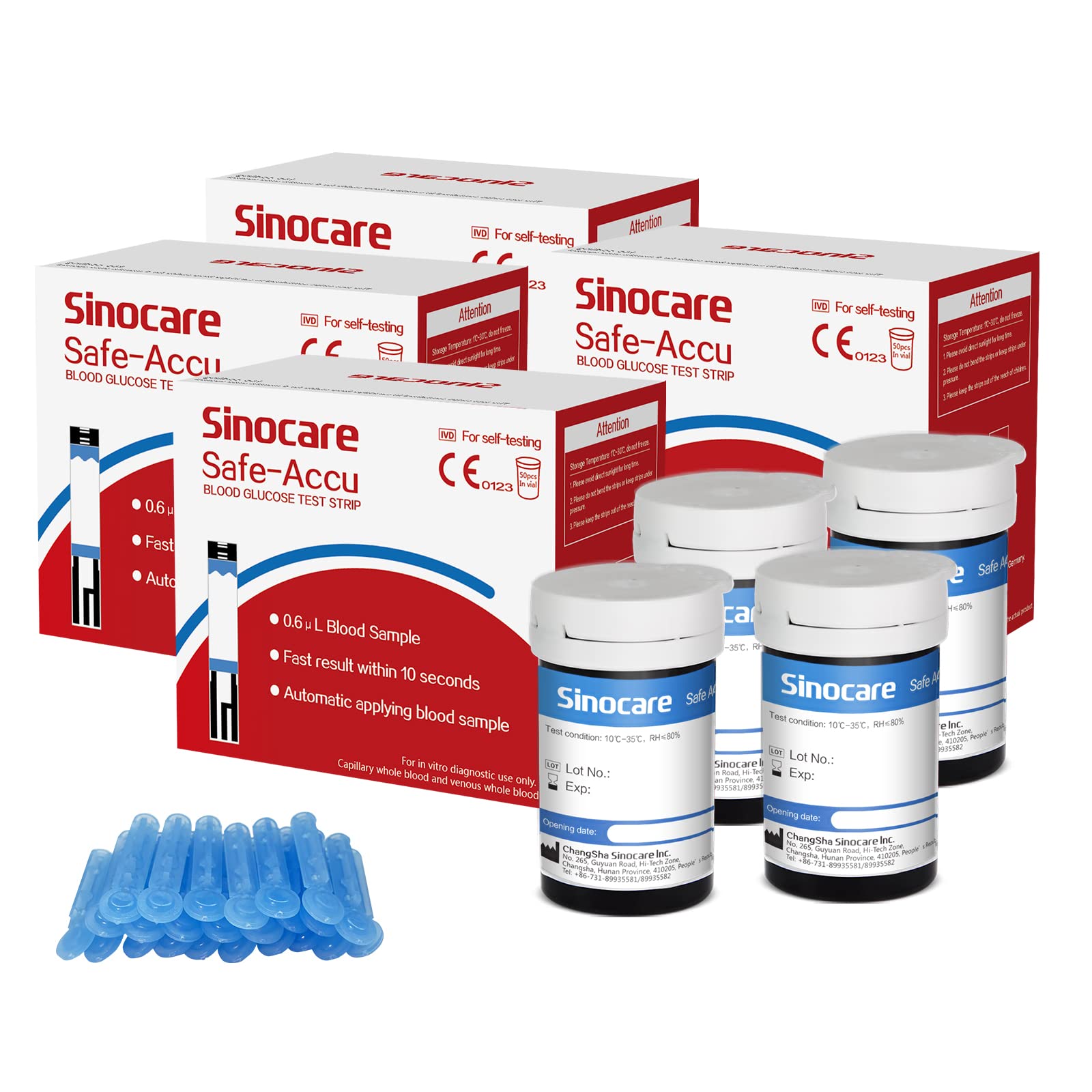 sinocare Tiras Glucosa, 200 x Tiras de Prueba de Glucosa, Tiras Reactivas Glucosa para Safe Accu Medidor de Glucosa en Sangre Certificado ClimatePartner