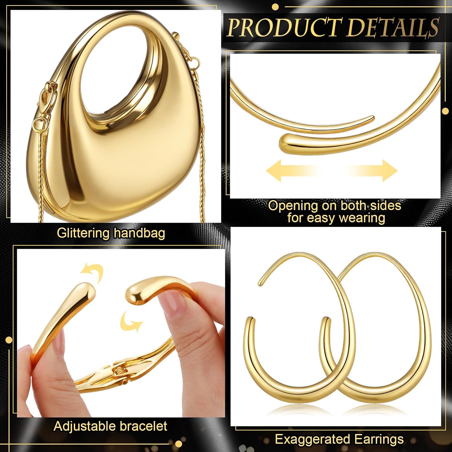 Quelay 6 Pcs Gold Clutch Purse Jewelry Set Gold Acrylic Handbags Chunky Bangle Cuff Bracelet Necklace Hoop Earrings for Women