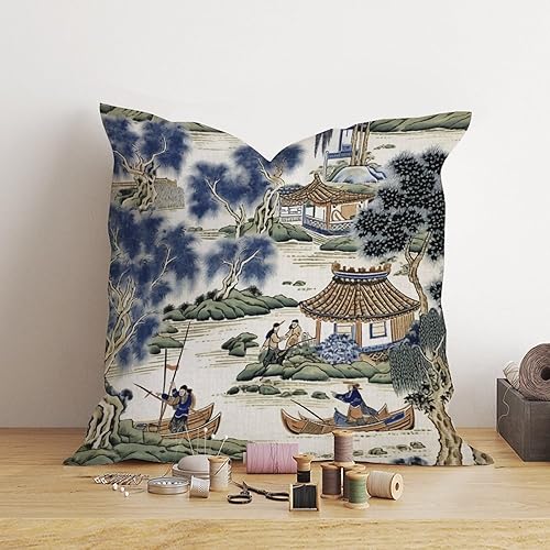 Miniatura 4 de Funda de almohada asiática escénica azul y verde Kelly Chinoiserie Euro Funda de almohada asiática 24 x 24 pulgadas, funda de almohada decorativa