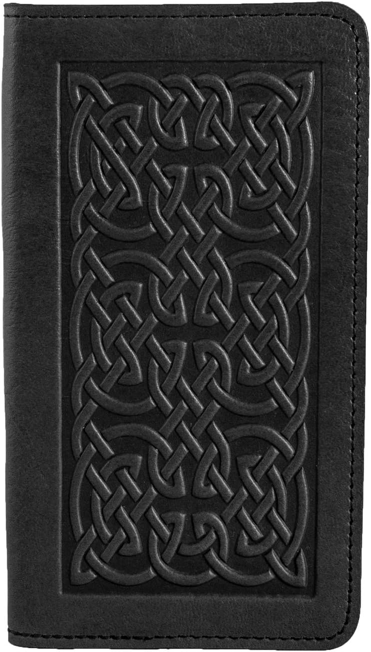 Oberon Design Bold Celtic Embossed Genuine Leather Checkbook Cover, 3.5x6.5 Inches, Black, Made in the USA
