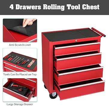 Winado 4 Drawer Rolling Tool Cabinet, Lockable Steel Tool Chest, Red