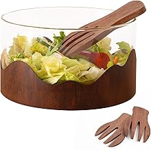 Wooden Salad Bowl Set - with Walnut Wooden Salad Tongs for Serving, Decorative Glass Light Meal Bowl with Serving Utensils, Elegant Salad Serving Bowl with Servers