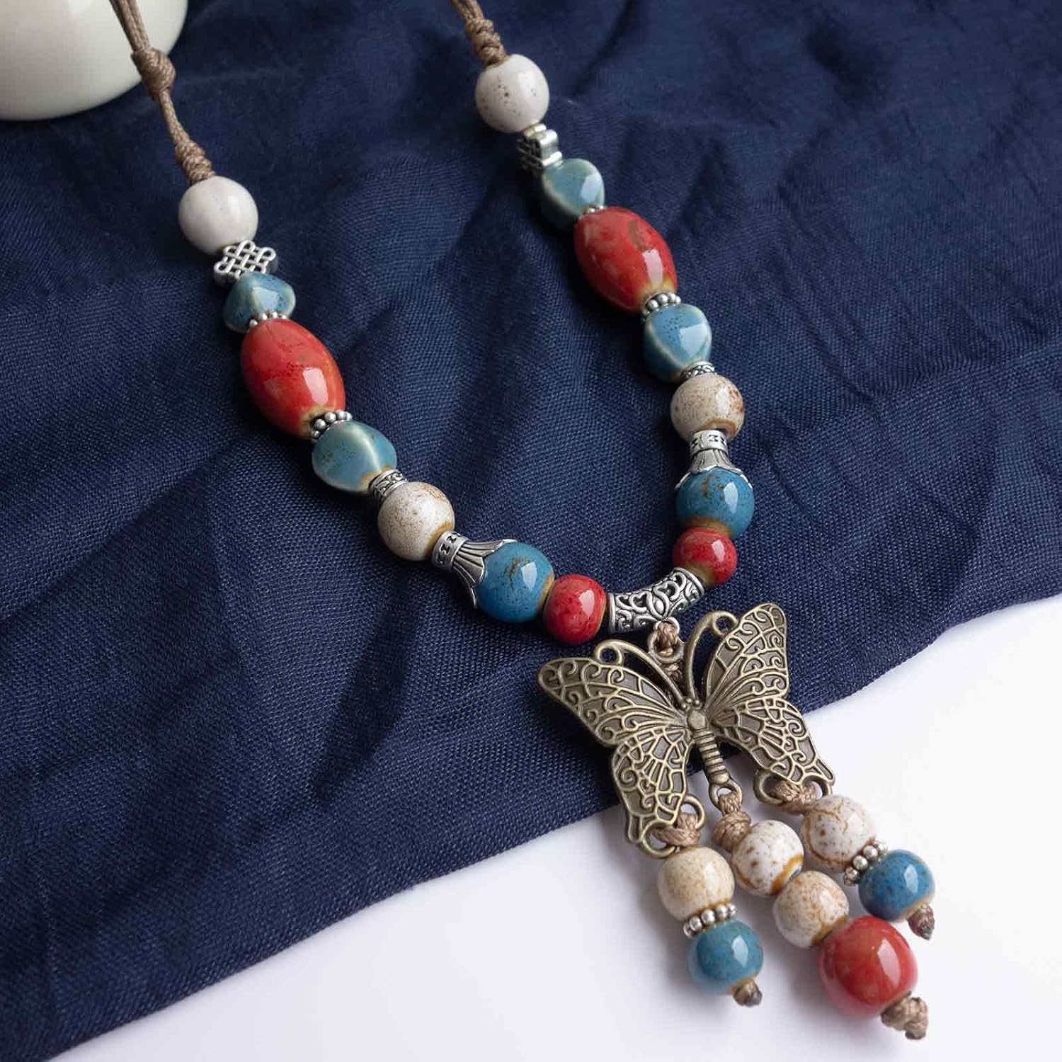 Boho Colorful Ceramic Bead Necklace for Women, Butterfly Pendant Necklace, Handmade Bohemian Statement Jewelry Gifts for Mom