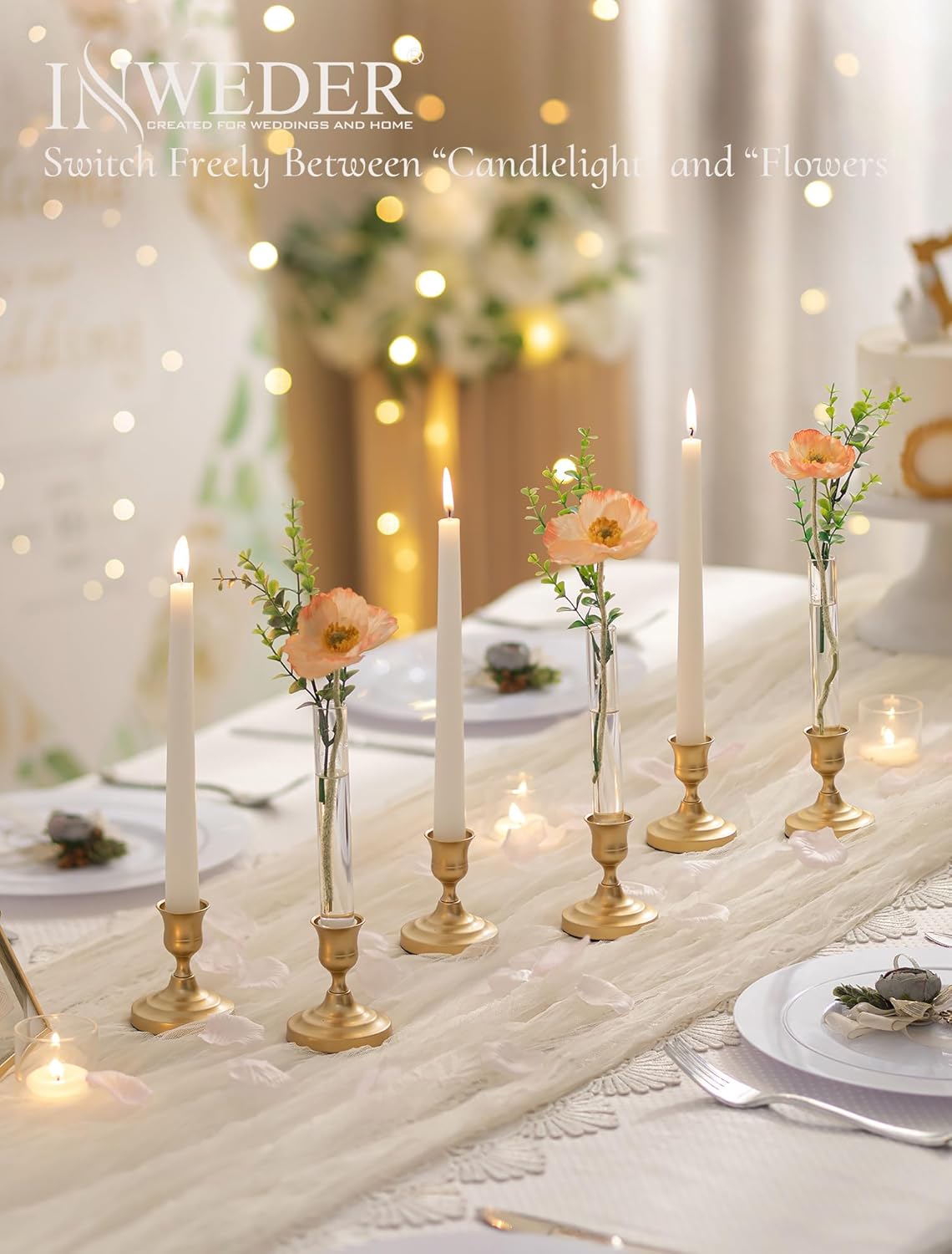 Bud Vases with Candlestick Holders: Set of 6 Clear Glass Vase with Silicon Sleeve for 0.87" Taper Candle Holder - Flower Vases for Centerpieces Wedding Table Party Decor