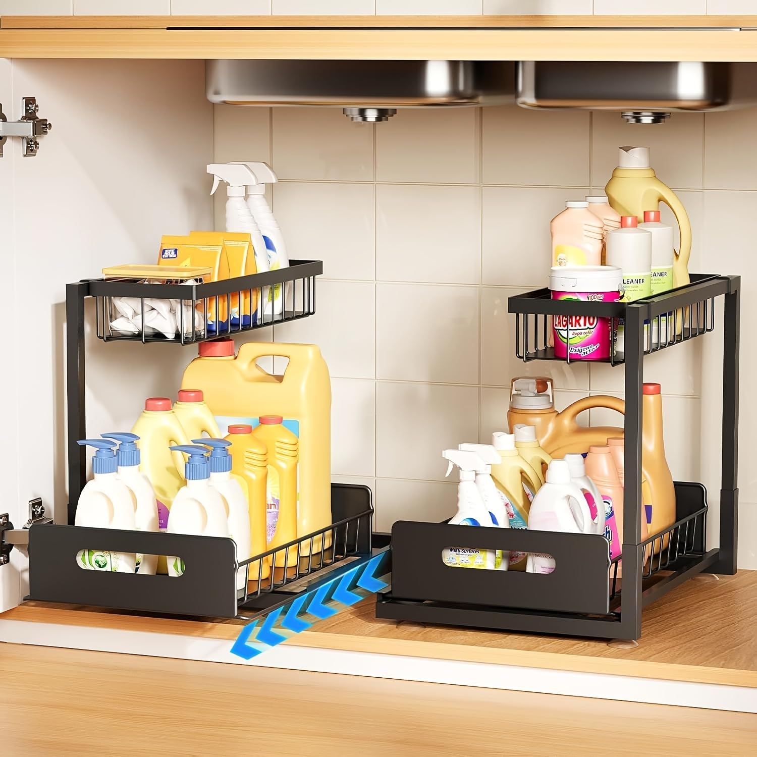 Unter Waschbecken Organizer, 2 Etagen, ausziehbares Metallregal für Küche | Kugelschienen,leichtgängig, geräuscharm,wasserabweisend,bohrfrei,langlebig