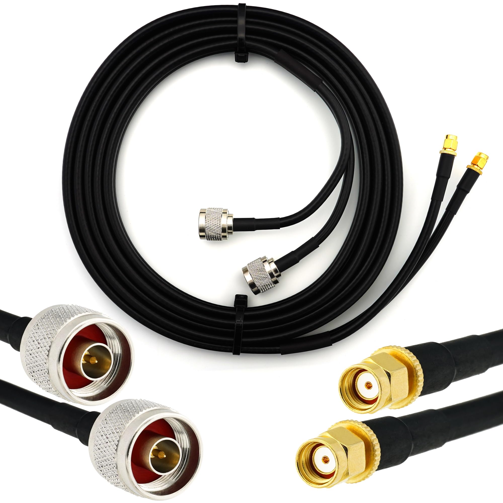 RANGEFUL 12m RP-SMA Male to N Male Twin Coaxial Cable — HF-240 (LMR 240 Equivalent) Dual Low Loss Shotgun RPSMA Extension Lead — RP SMA Double Coax