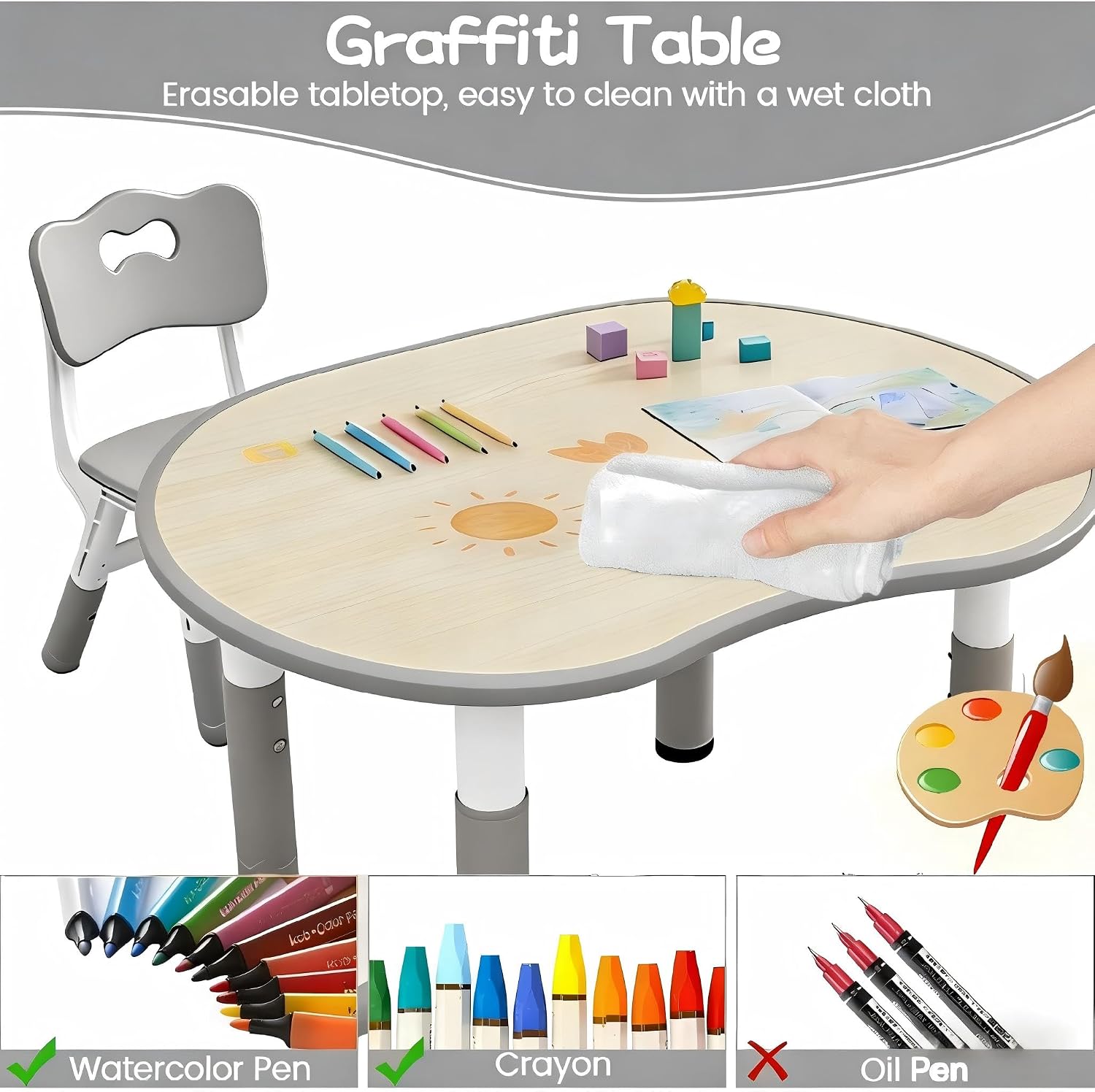 Kids Table and 2 Chairs Set, Height Adjustable Toddler Desk, Easy to Clean Graffiti Desktop for Kids, Classroom/Daycare/Home, Children Multi-Activity Table for Ages 3-8 (Gray)