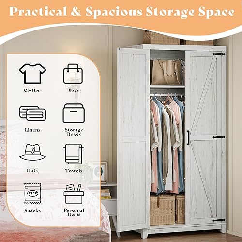 Miniatura 3 de Armario grande de 70" con barra para colgar, armario de ropa estilo granja con 2 puertas estilo granero, armarios altos de madera para dormitorio