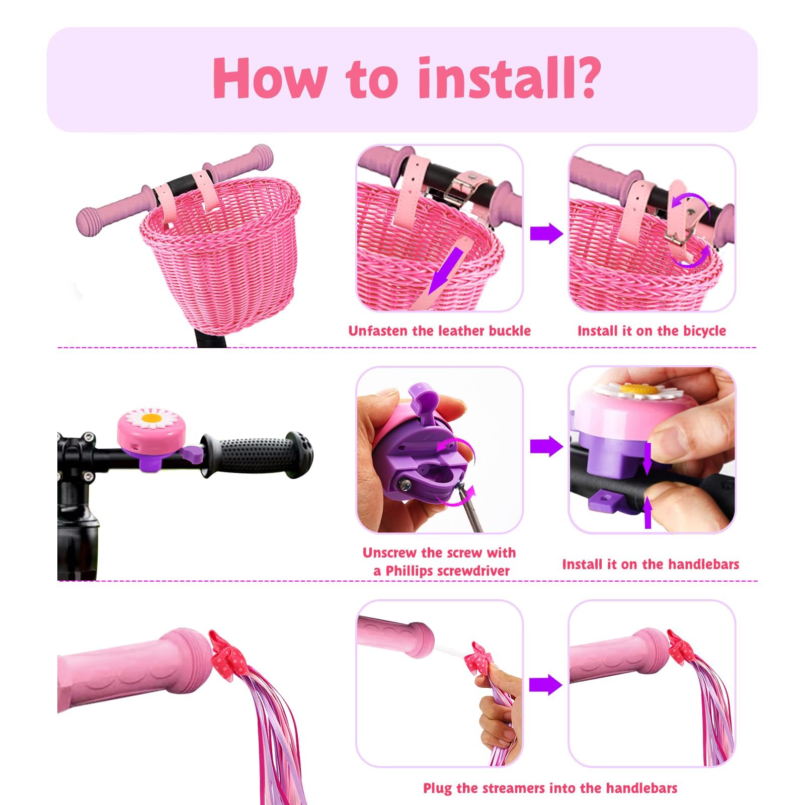 SVNR Kids Bike Basket, Girl Bike Basket Pink, Cycling Handle Bowknot Streamers and Bell - Image 3