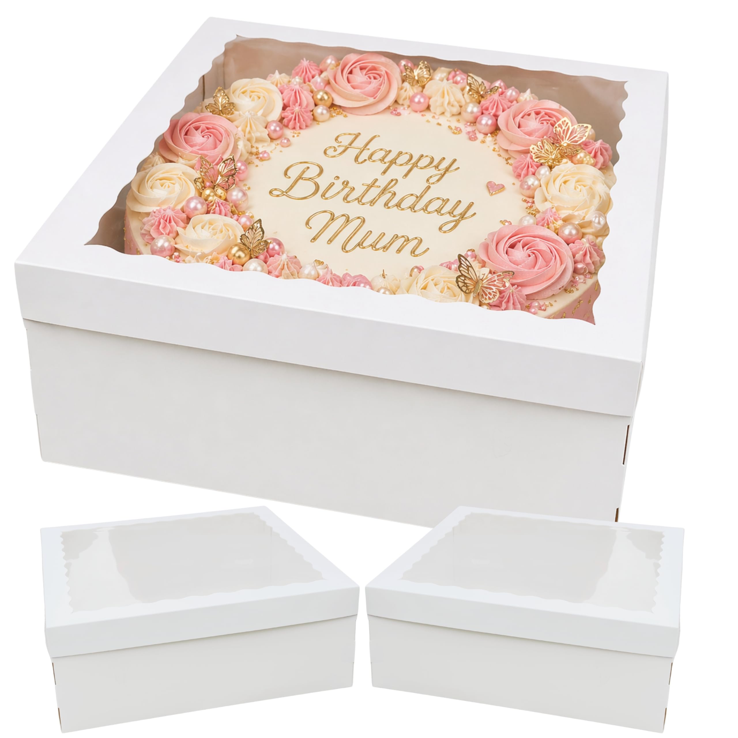 Faves Craft 16" Cake Box with Window Lid, 40.5 x 40.5 x 15 cm, White Square for Birthdays, Christmas, Weddings (2)