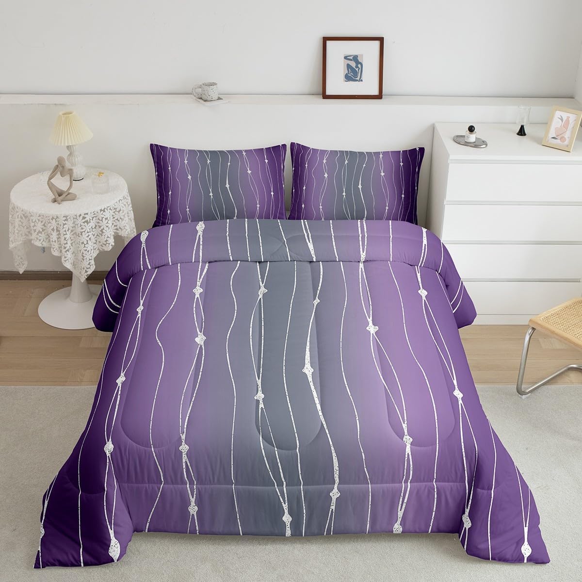 Erosebridal Gray and Purple Bedding Set Queen for Women Girls Watercolor Gradient Comforter Set, Geometric Abstract Quilt Comforter Wave Stripe Duvet Insert, Modern Aesthetic Bedding Comforters & Sets