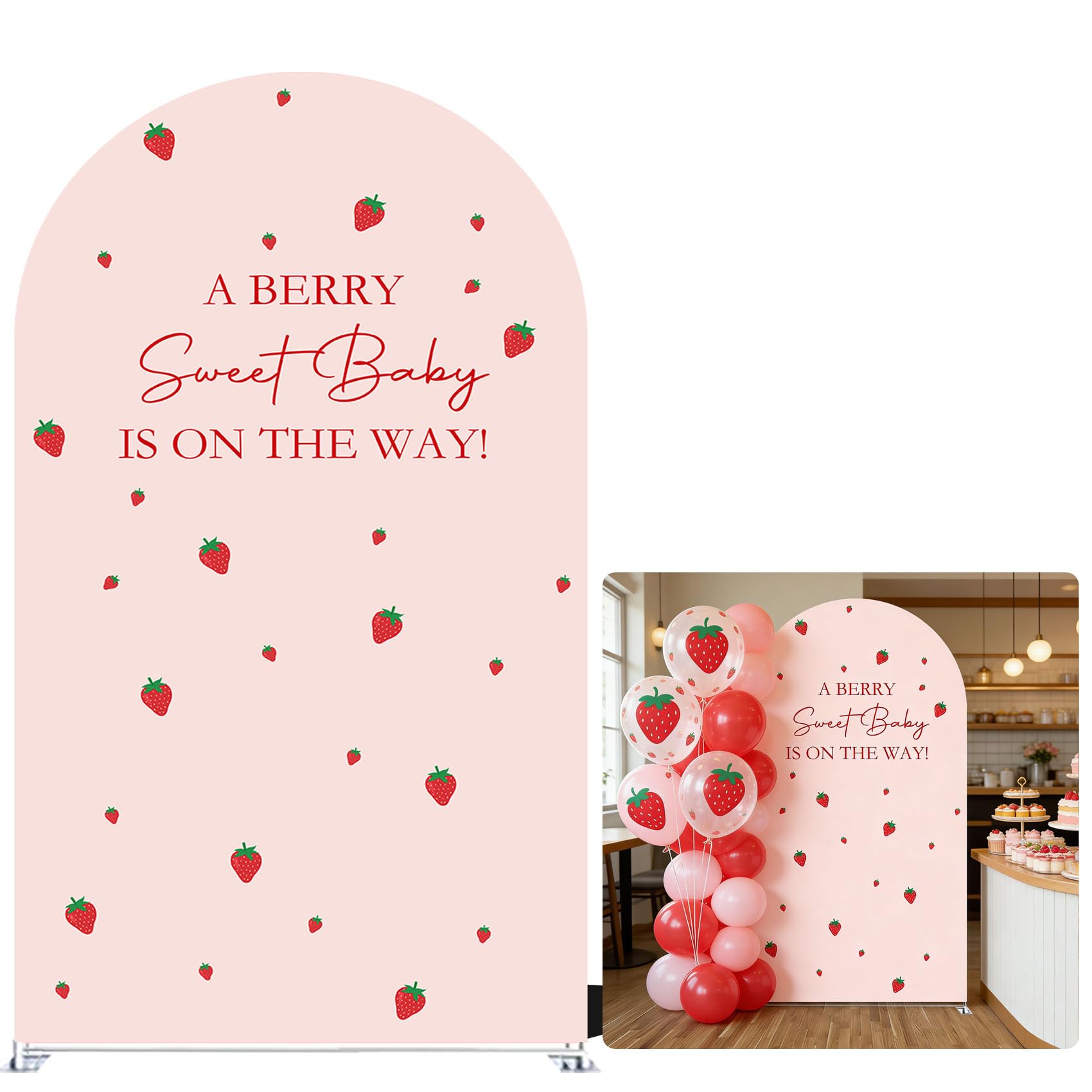 A Berry Sweet is On The Way Arch Backdrop Cover Berry First Birthday Party Decoration Spandex Fabric Girl Baby Shower Pink Background (3892,7.2FT (