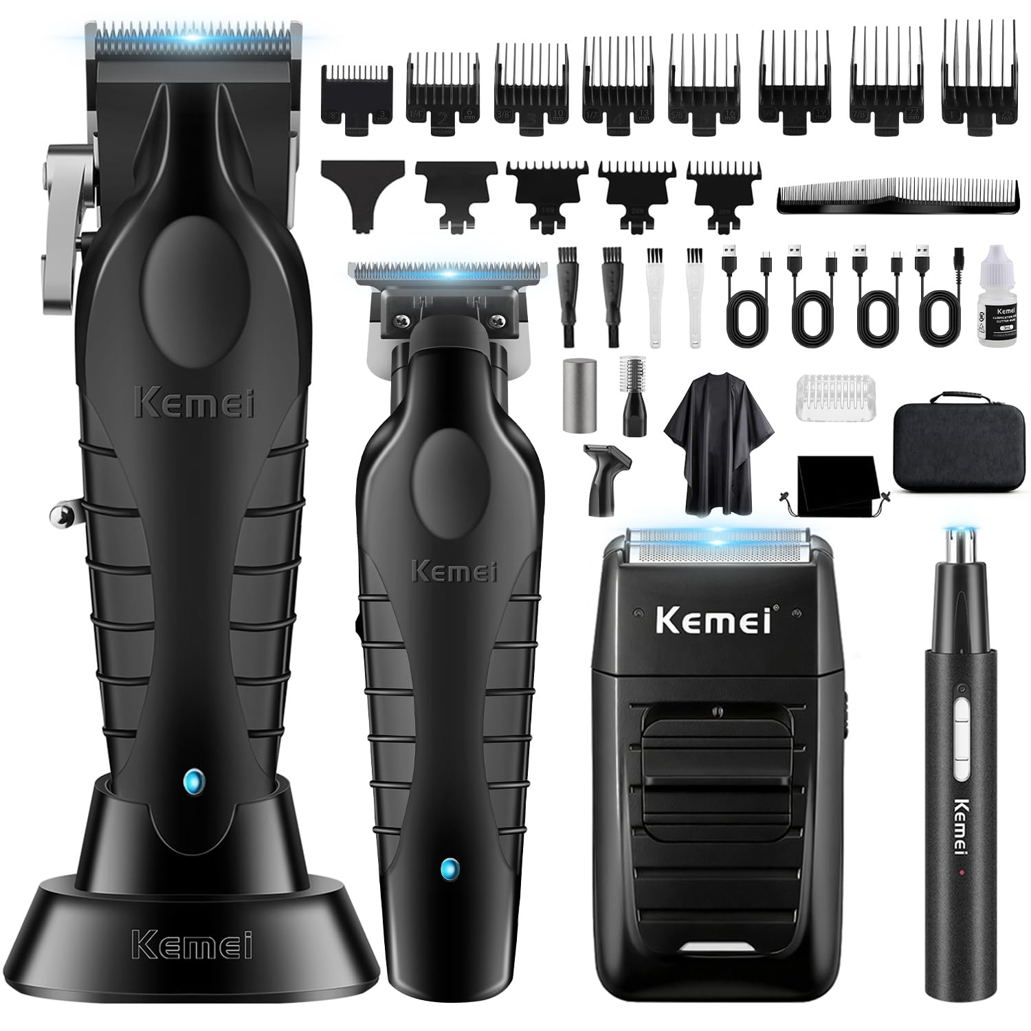 KEMEI Professionelle Haarschneidemaschine für Männer, Schnurloser Haarschneider Bartschneider Folienrasierer Nase Augenbrauen Ohrschneider Set, USB-Aufladung Komplettes Elektrisches Haarschneide-Kit