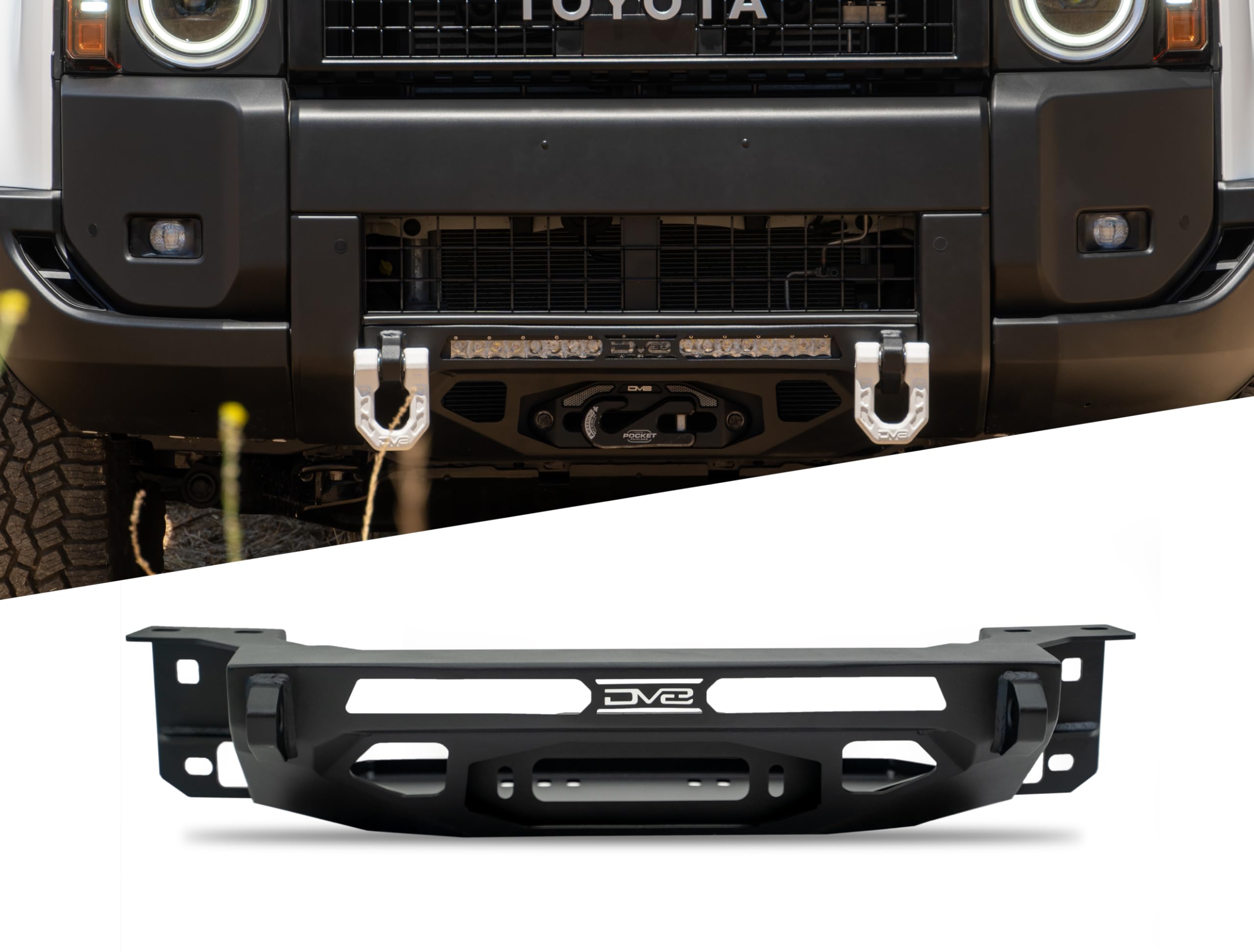 DV8 Offroad Centric Front Bumper for 2024 Toyota Land Cruiser | Center Mount Design | Heavy-Duty Winch Mount | (1) 20" Single Row Light Bar Mount | Pair of D-Ring Mounts | Powder Coated Black | Steel