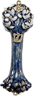 Bless This House with Tree of Life Mezuzah Case, Wooden Texture Design, Crafted with David Star for The Jewish Homes, Blue Indigo Color