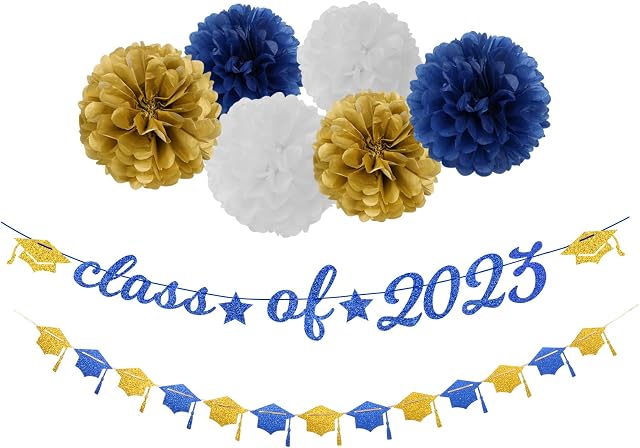 Navy-Blue White-Gold Party-Decorations Graduation Banner - 8pcs Kits Class of 2023 Cap Garland Streamers, Paper Tissue Pom Poms Flowers, Congratulations Grad Decor Lasting Surprise