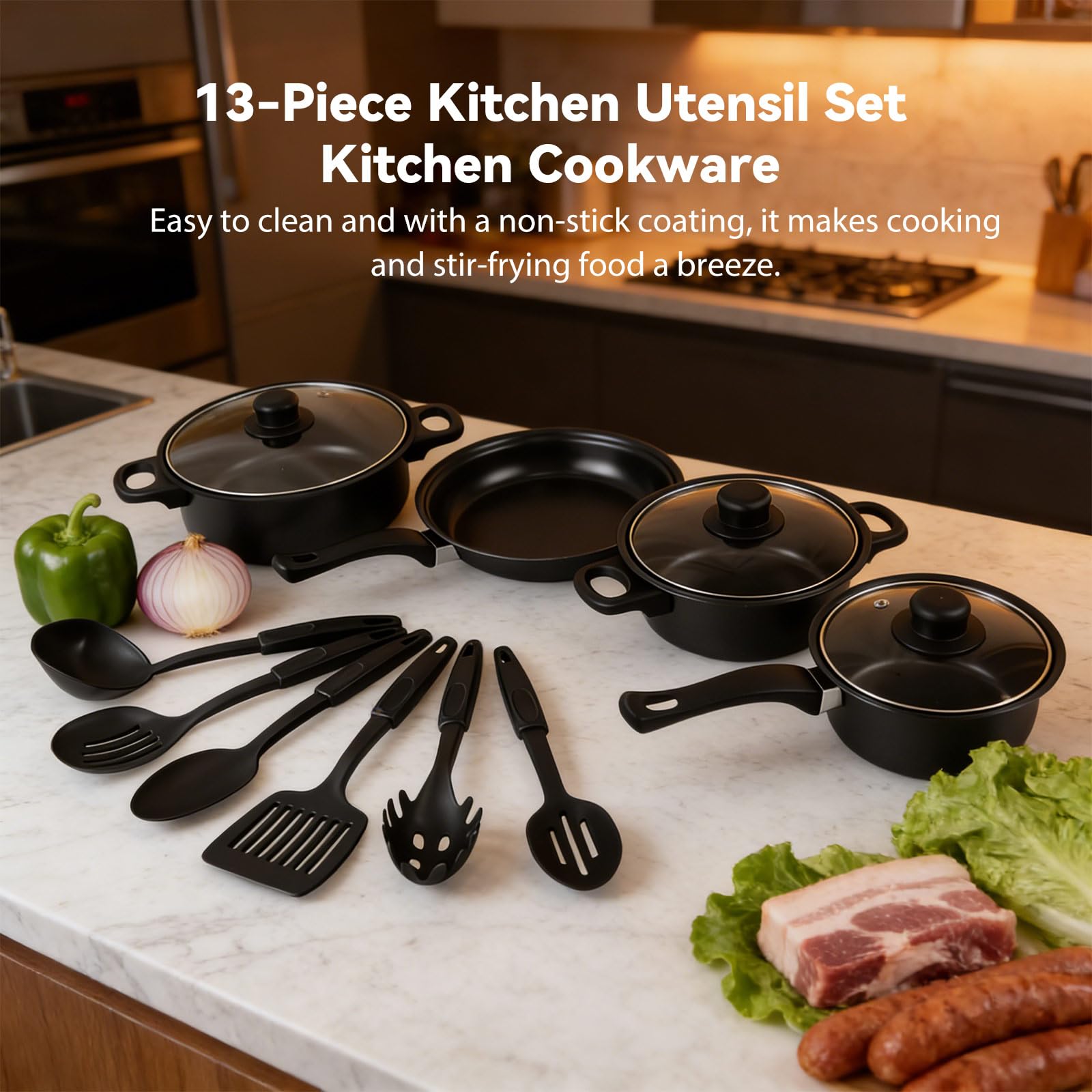 Batterie Cuisine,Casserole et Poêle Induction 13 Pcs Antiadhésives (13PCS) | Poêle Profonde avec Couvercles(16/18/22cm),Poêle à frire 22cm,6pcs cuillères,Poignée Amovible,Compatible Tous Feux