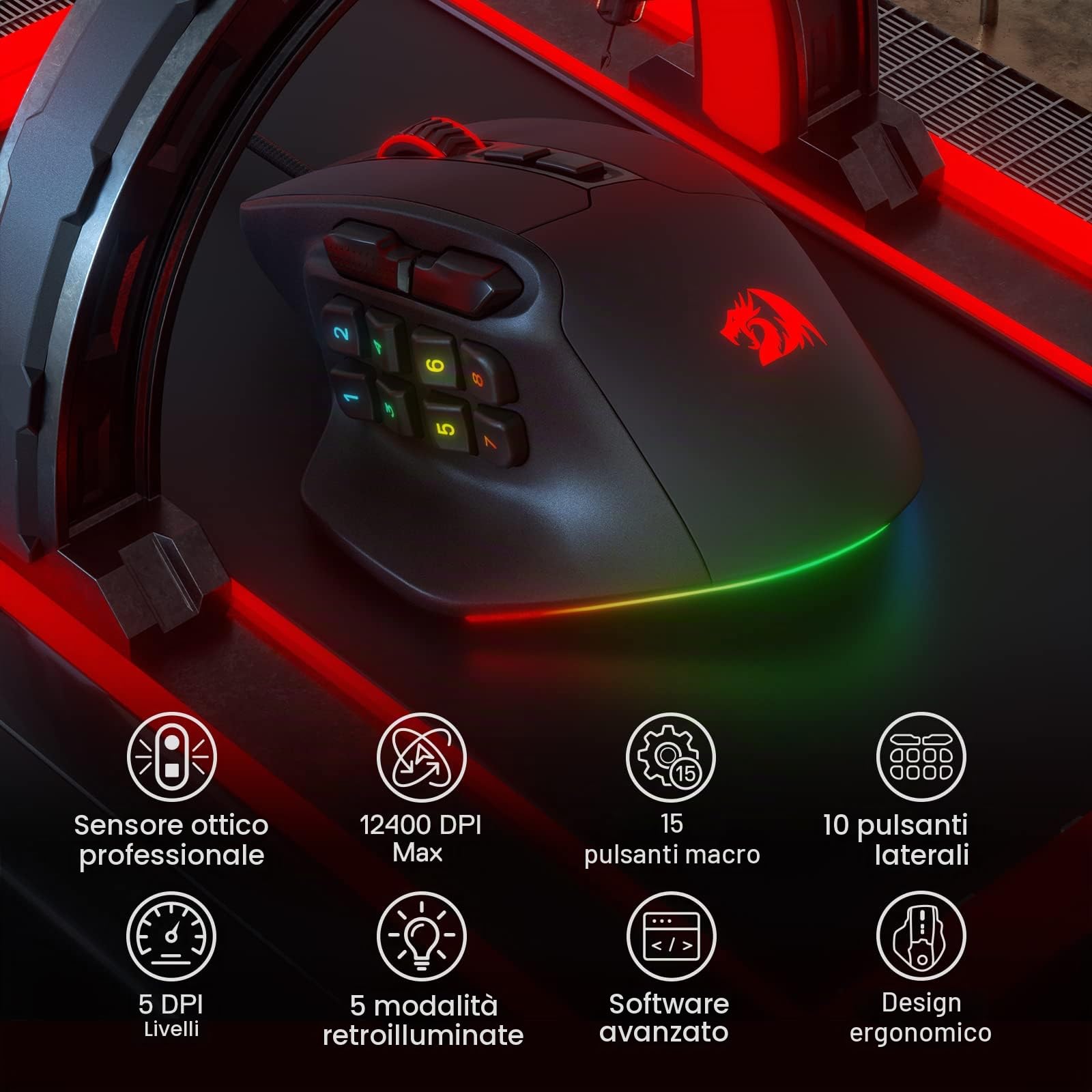 Mouse da gioco Redragon M811 Aatrox MMO, 15 pulsanti programmabili, mouse da gioco RGB cablato con presa ergonomica naturale, 10 tasti macro laterali