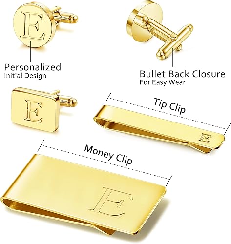 Miniatura 4 de JOERICA Juego de gemelos con iniciales para hombre y clip de corbata para hombre, letras del alfabeto, cartera, clips de corbata y gemelos con caja