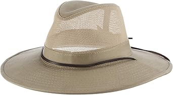 Dorfman Pacific Mens Brushed Twill-and-Mesh Safari Hat with Genuine Leather Trim