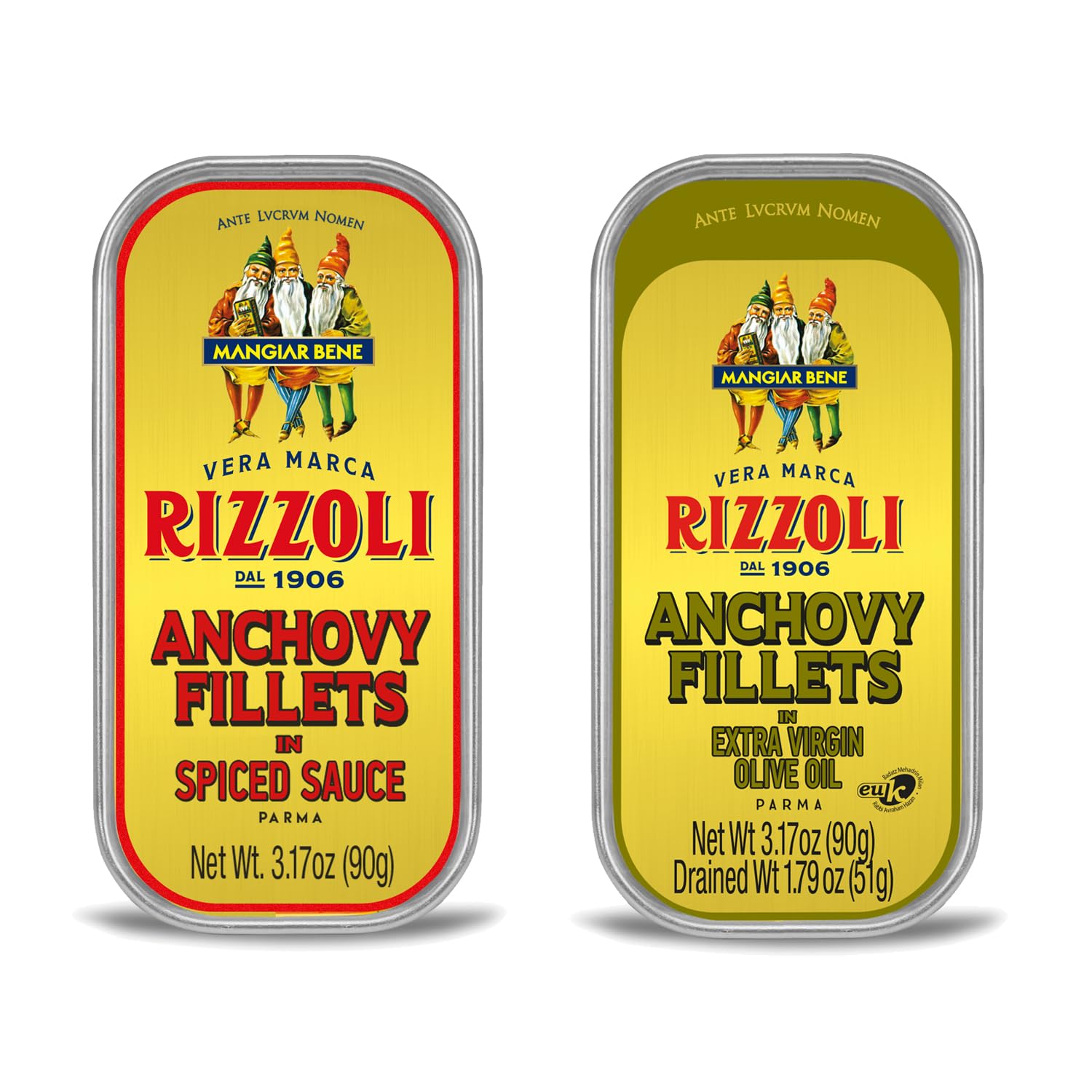 Rizzoli Anchovy Fillets in Extra Virgin Olive Oil & Anchovy Fillets In Spicy Sauce, 3.17 OZ