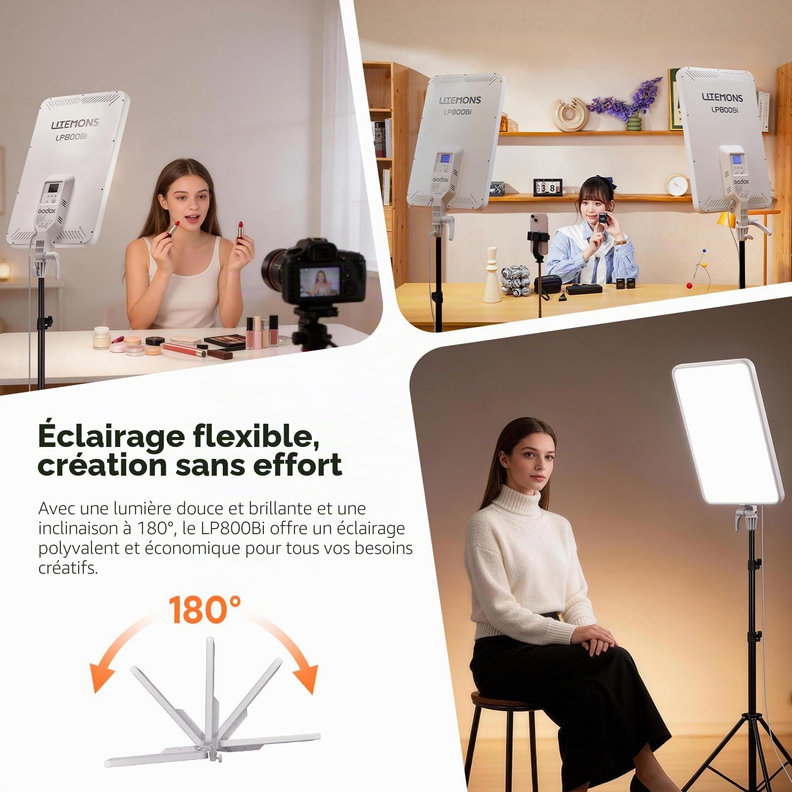 Godox LP800Bi Panneau LED Vidéo, 85W Lumière Douce Bicolore Studio, 2800K-6500K 11 Effets FX, Contrôle APP, Silencieux sans Ventilateur pour Livestream, Vlog