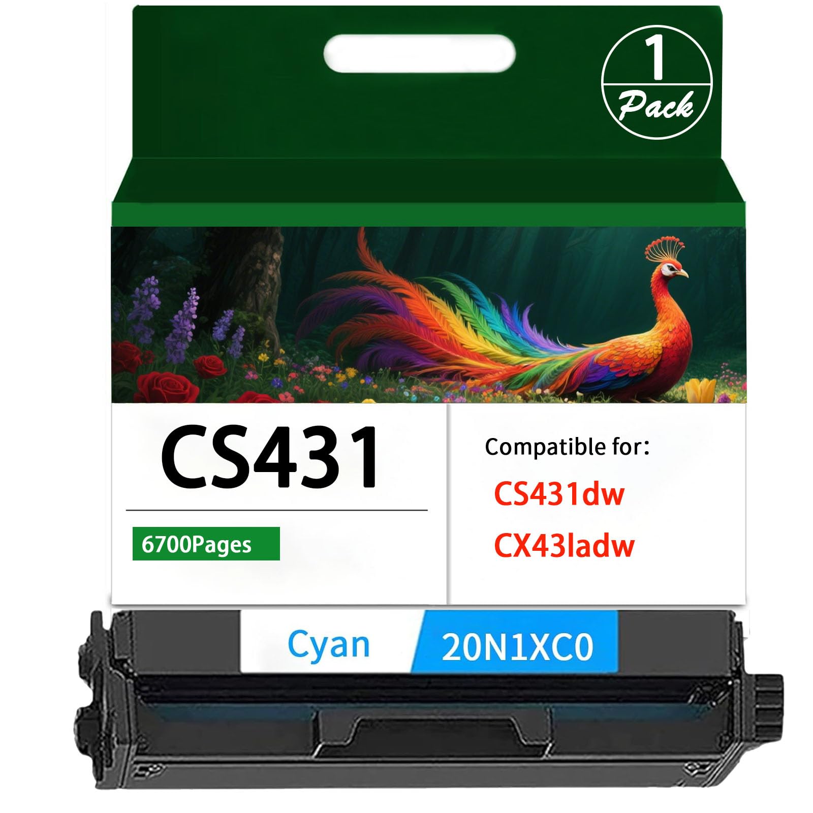 CS431 CX431 Extra High Yield Toner Cartridge 20N1XC0 Compatible for Lexmark CS431dw, CX431adw（6,700 Pages）(1Cyan)