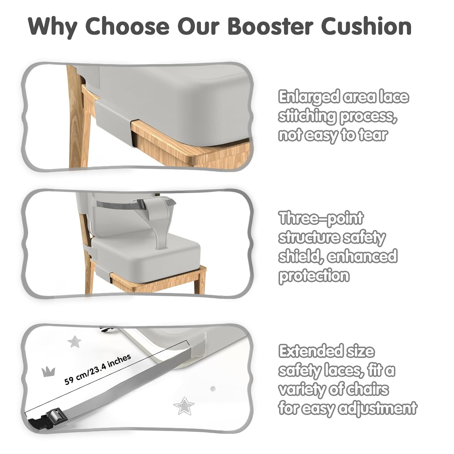 Toddler Booster Seat for Dining Table,Booster Seat for Kitchen Chair with Extended Straps,2PCS Portable with Safety Buckles,Suitable for Kids Aged 3-12 in Restaurants(Silver Gray)