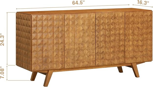 NTC Sapa Mid-Century Modern Solid Wood Sideboard 4-Door Accent Buffet Cabinet with Carved Geometric Fronts, for Living Room, or Entryway, Effortless Assembly, Teak Look