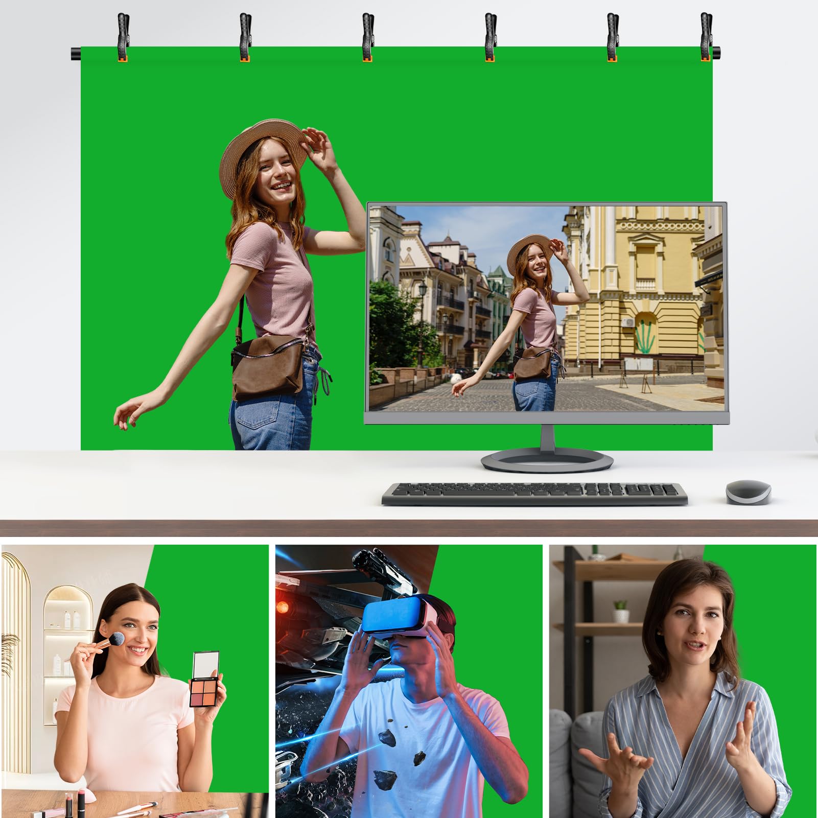 EMART Kit sfondo verde con base pieghevole inversa, sfondo verde per foto da 1,5 x 2 m, con supporto portatile a forma di T e 5 morsetti per fotografia, servizi fotografici, registrazione video in