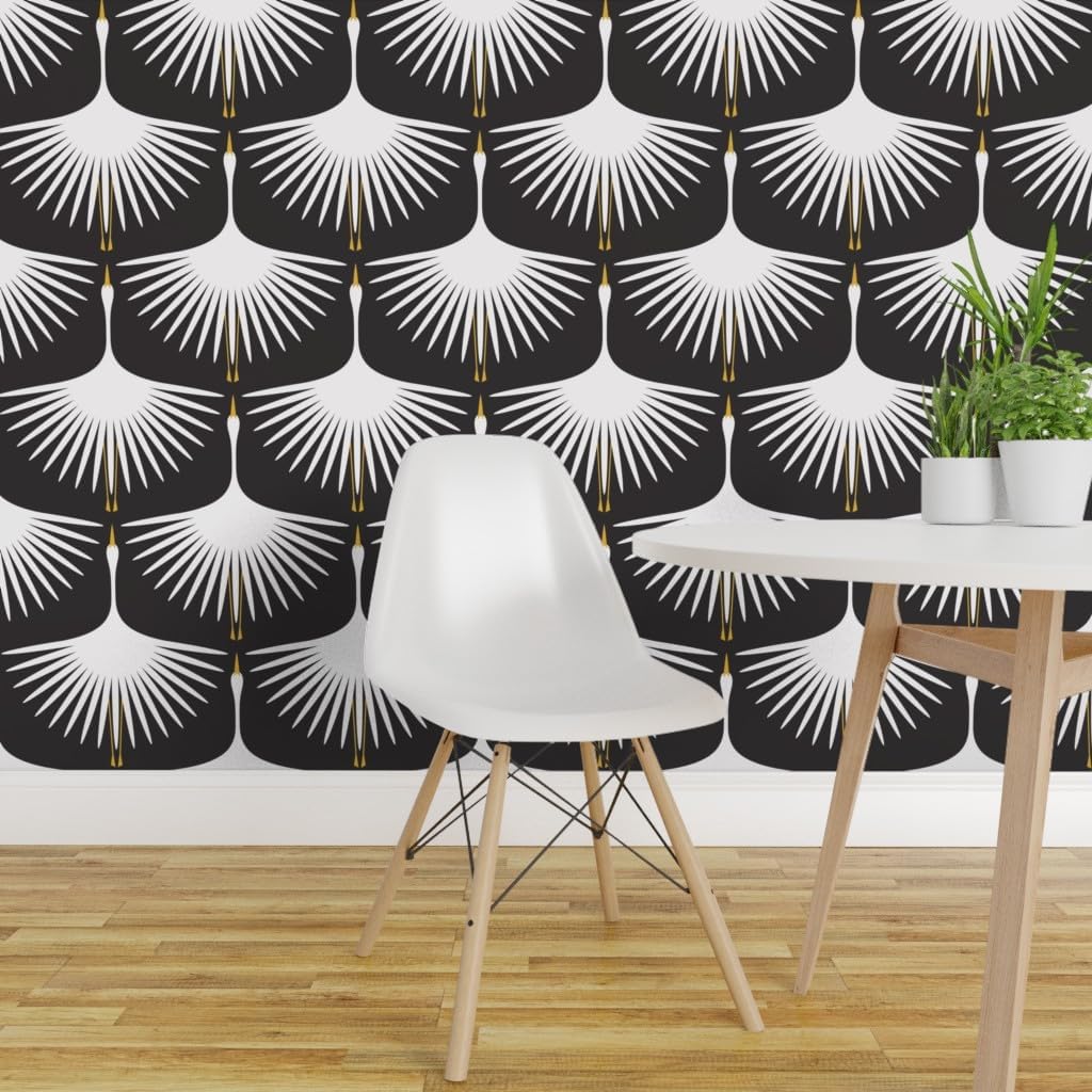 Spoonflower Removable Wallpaper 3ft x 2ft - Bird Black White Art Deco Feathers Swan midcentury Custom Pre-Pasted Wallpaper