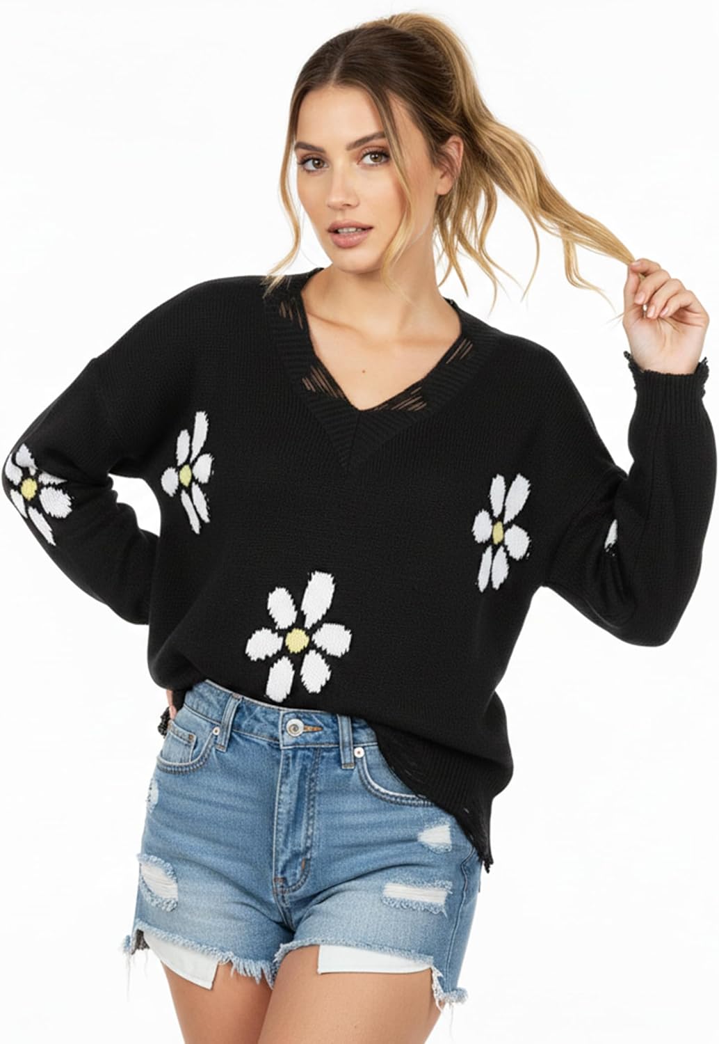 Maxure Women's V Neck Raw-Edge Fuzzy Sweater Trendy Long Sleeve Ribbed Knit Pullover Sweaters Dressy Casual Tops Clothes - Image 4