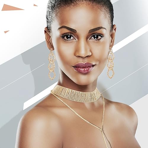 Vista 5 de MTLEE Juego de 6 piezas de joyería de cristal para mujer, gargantilla con capas de diamantes de imitación, collares largos con borlas, pulseras