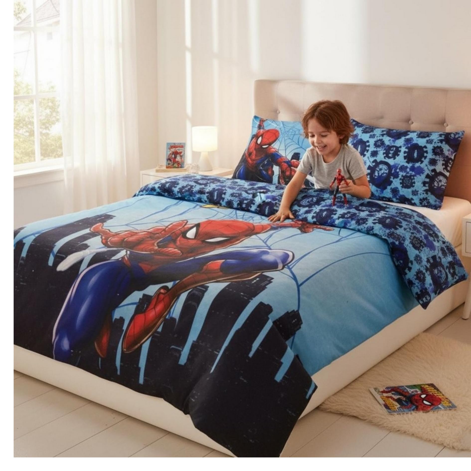 Parure copripiumino Spiderman in cotone 2 persone, copripiumino reversibile 240 x 220 cm, 2 federe 65 x 65 cm, 100% cotone (Parure Spiderman)