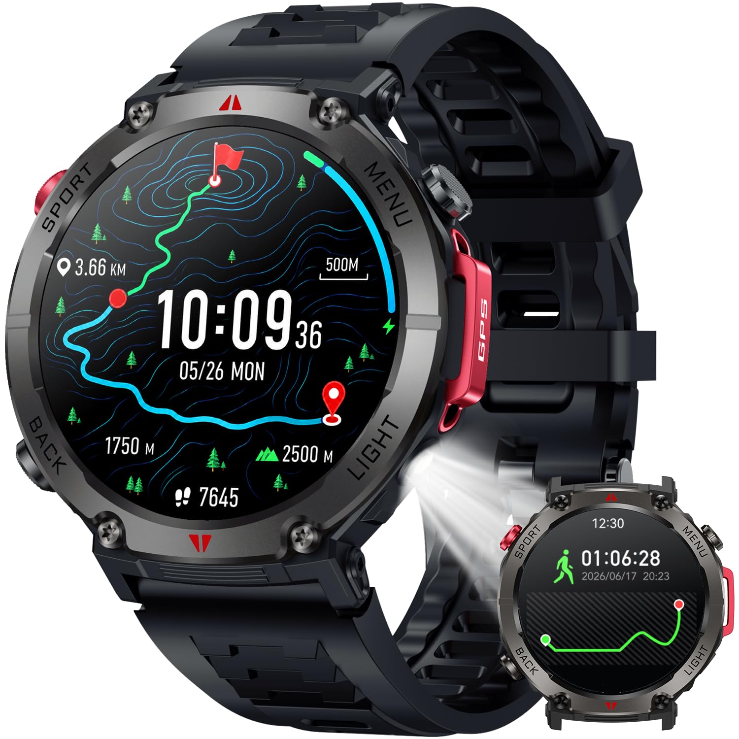 Montre Connectée Homme Smartwatch GPS: 1.45" Montre Outdoor Sport Avec Boussole et Lampe Torche Autonomie 530mAh IP68 Étanche Appel Bluetooth Surveillance Fréquence Cardiaque et SpO2 pour Android iOS