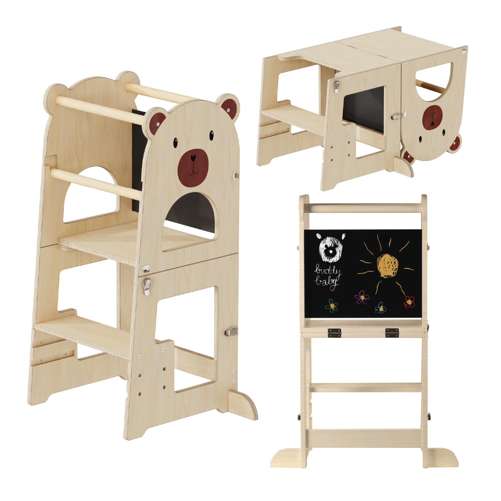 Buddy Baby Leertoren Van Montessori Hout Voor Kinderen, Kan Worden Omgezet In Kinderbureau En Kruk Keukenhulp Massief Met Veiligheidsstang Opvouwbaar 815539378