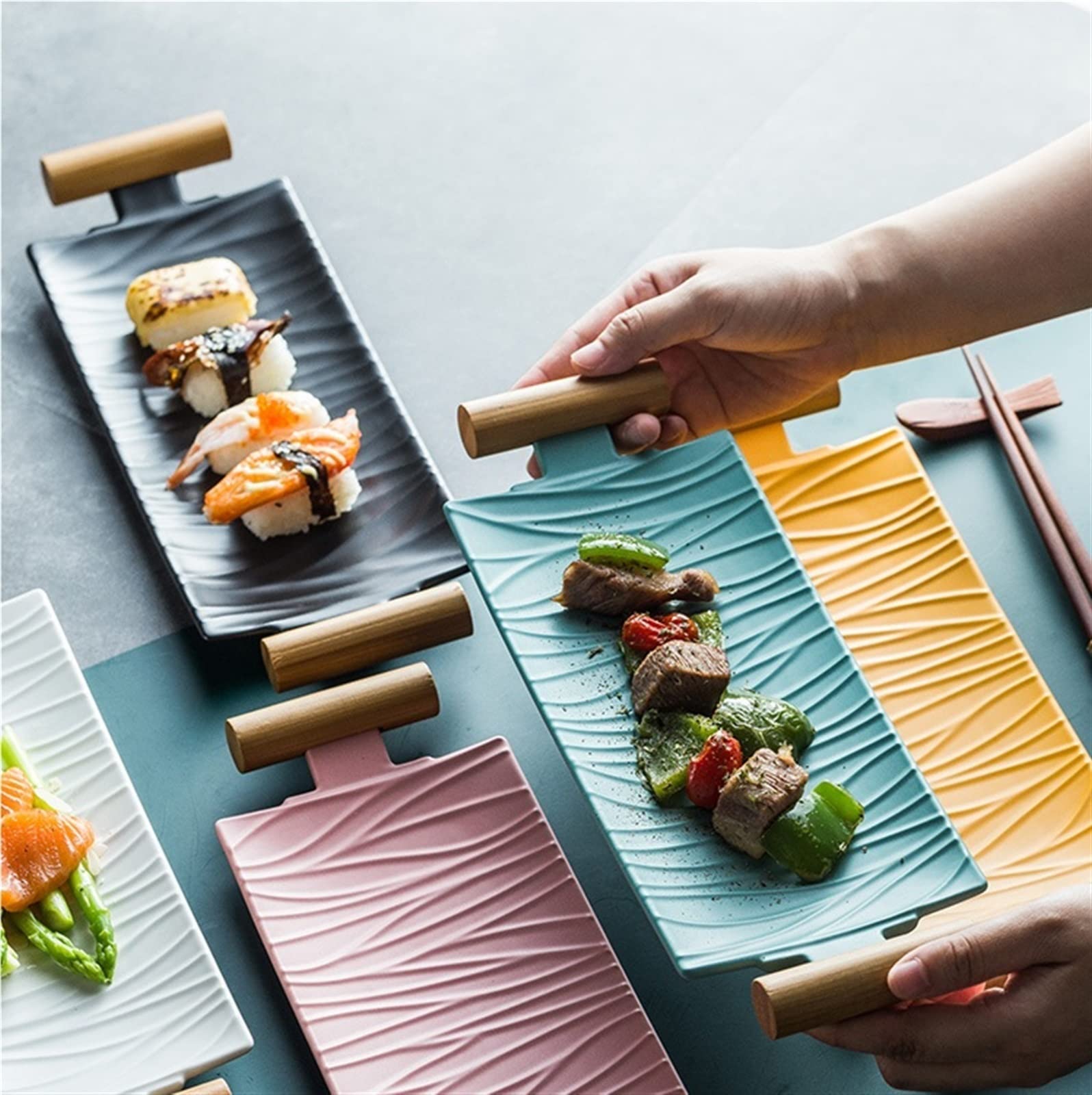 Talerze obiadowe, Talerze obiadowe Ceramiczne prostokątne Sushi Długi talerz Deser Ciasto Przekąska Skrzydełka kurczaka Talerz z uchwytami